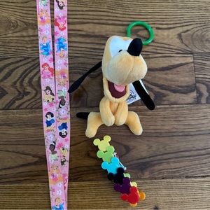 DISNEY LOTPluto plush keychain, Disney princess lanyard & Mickey bead bracelet.